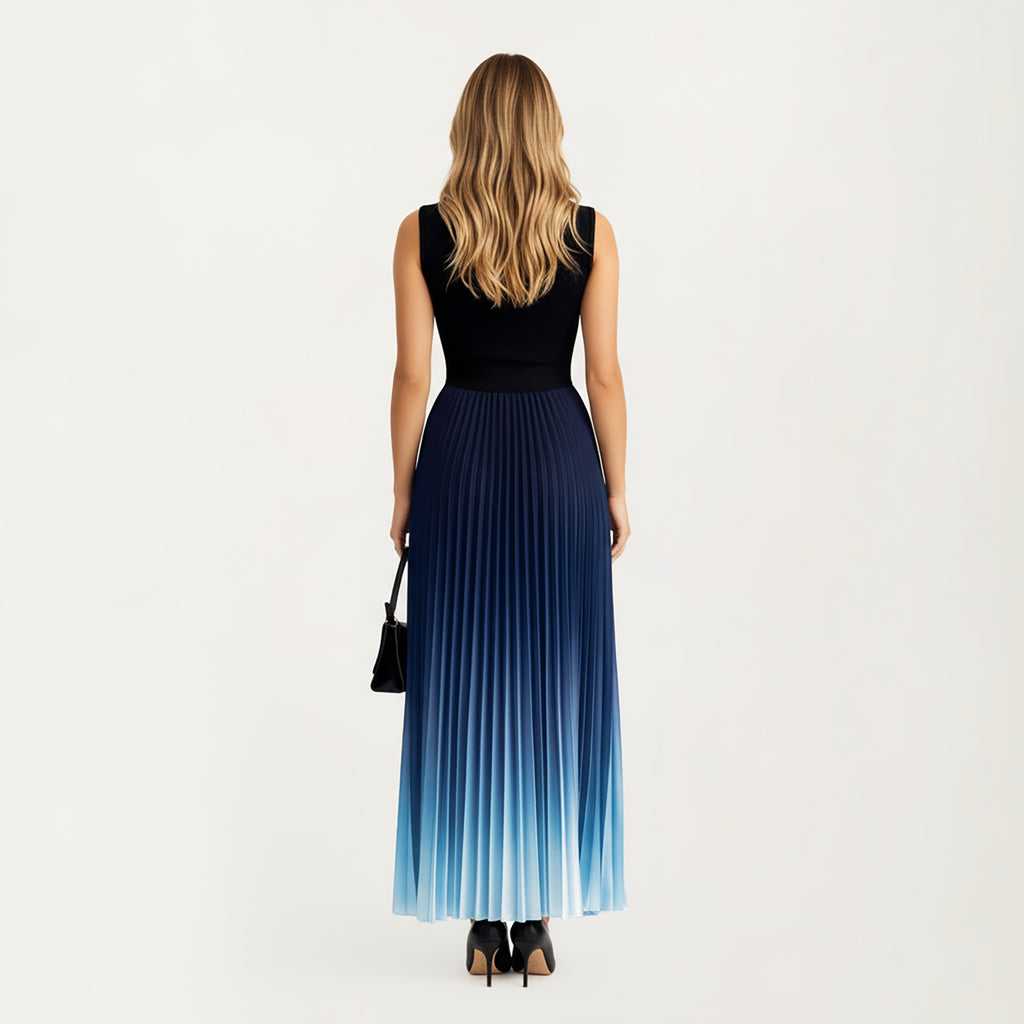 Anna-Kaci Women's Sleeveless Mock Neck Pleated Maxi Dress with Gradient Ombre Skirt
