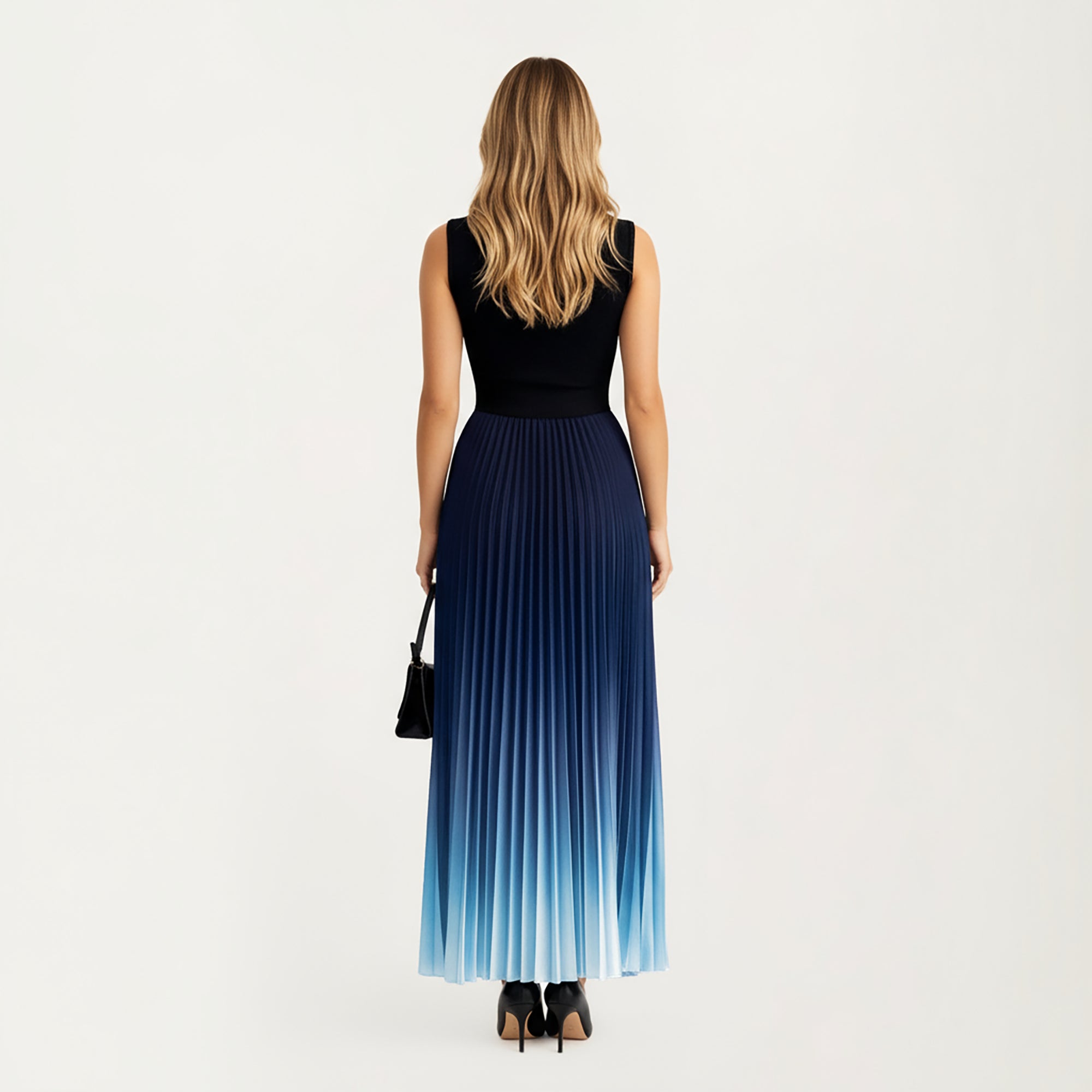 Anna-Kaci Women's Sleeveless Mock Neck Pleated Maxi Dress with Gradient Ombre Skirt