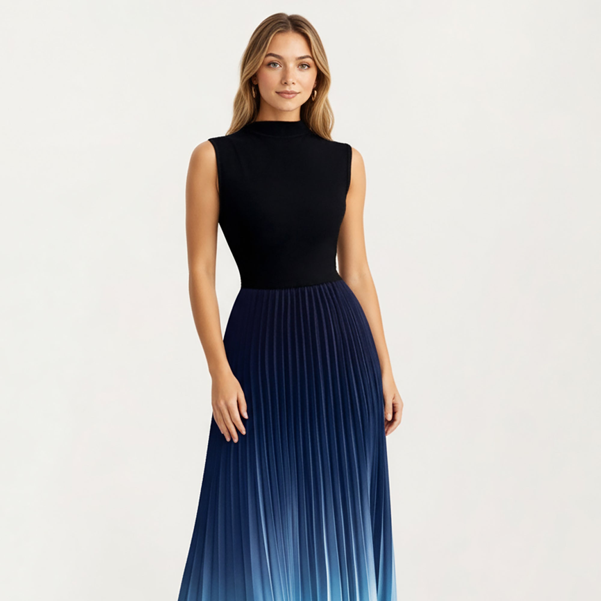 Anna-Kaci Women's Sleeveless Mock Neck Pleated Maxi Dress with Gradient Ombre Skirt