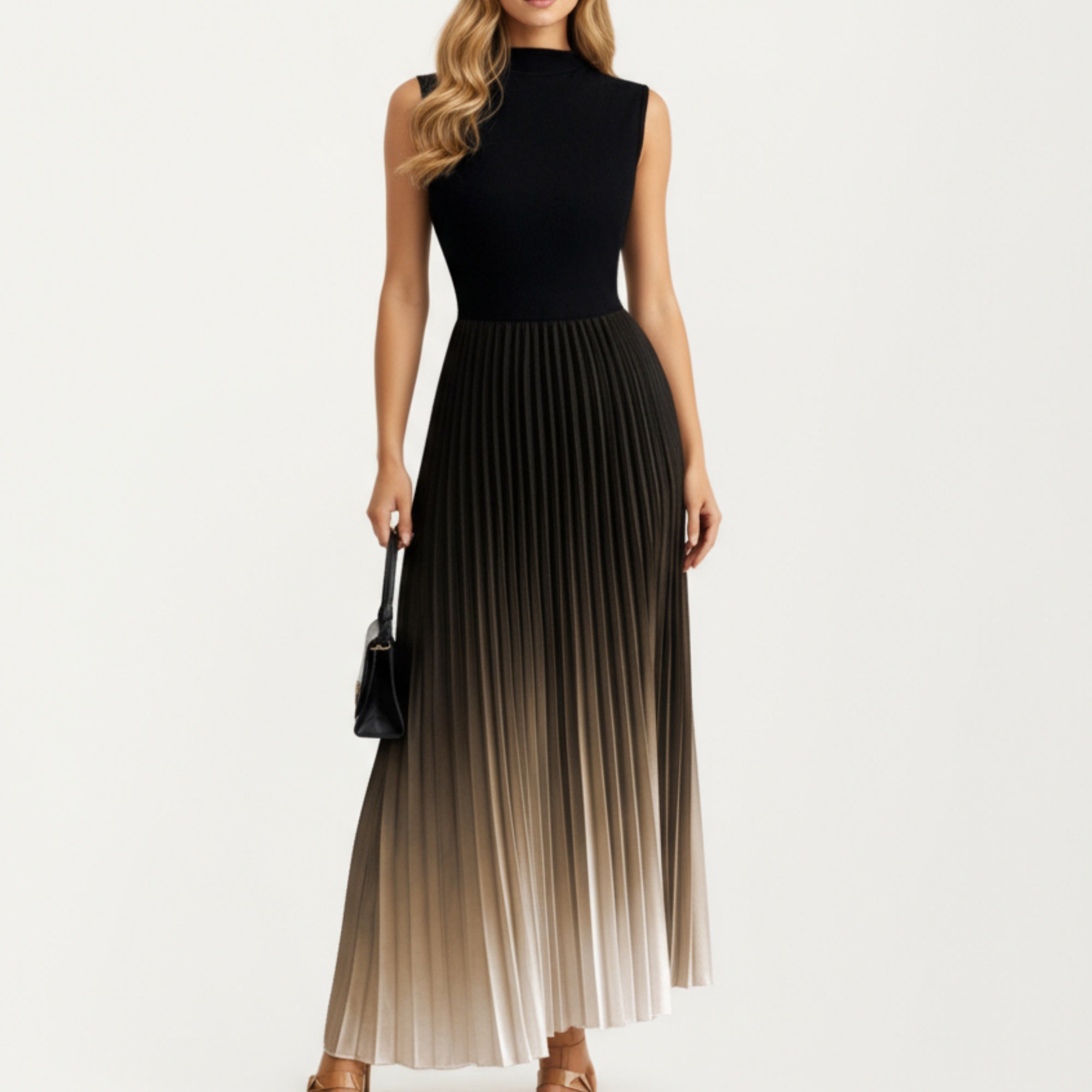 Anna-Kaci Women's Sleeveless Mock Neck Pleated Maxi Dress with Gradient Ombre Skirt