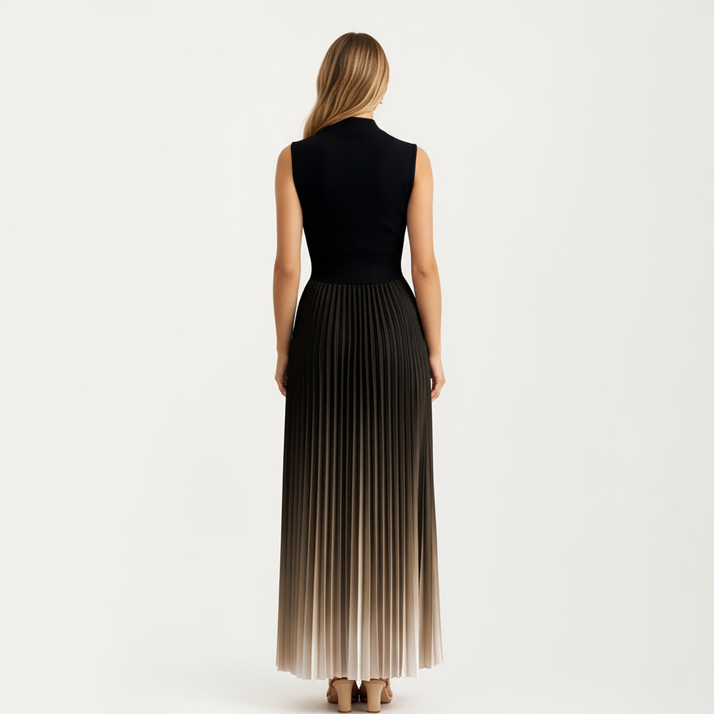 Anna-Kaci Women's Sleeveless Mock Neck Pleated Maxi Dress with Gradient Ombre Skirt