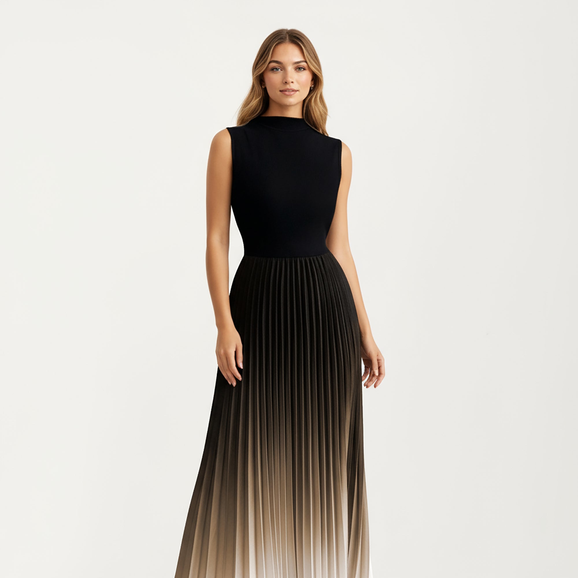 Anna-Kaci Women's Sleeveless Mock Neck Pleated Maxi Dress with Gradient Ombre Skirt