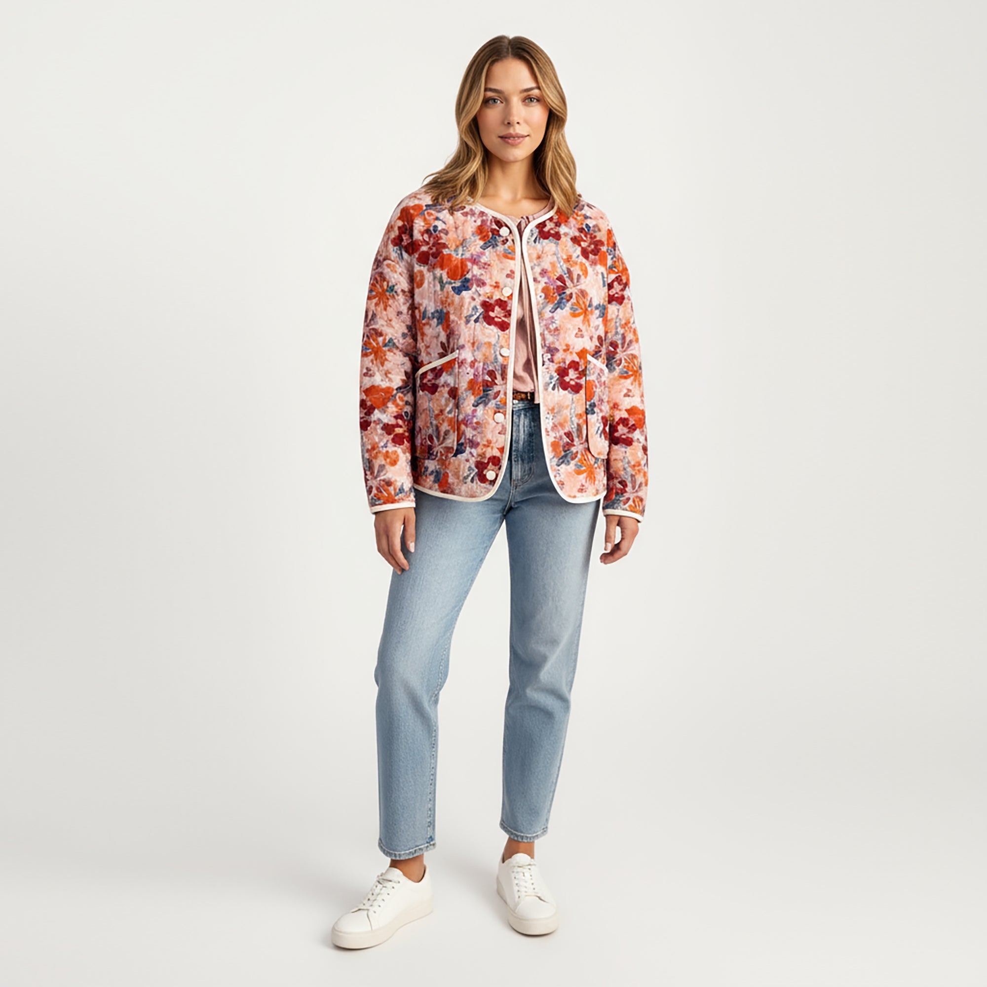 Anna-Kaci Women's Floral Print Button-Up Quilted Jacket with Front Pockets and Contrast Trim
