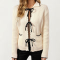 Anna-Kaci Women's Long Sleeve Rib Knit Cardigan with Contrast Trim and Front Bow Tie Closures