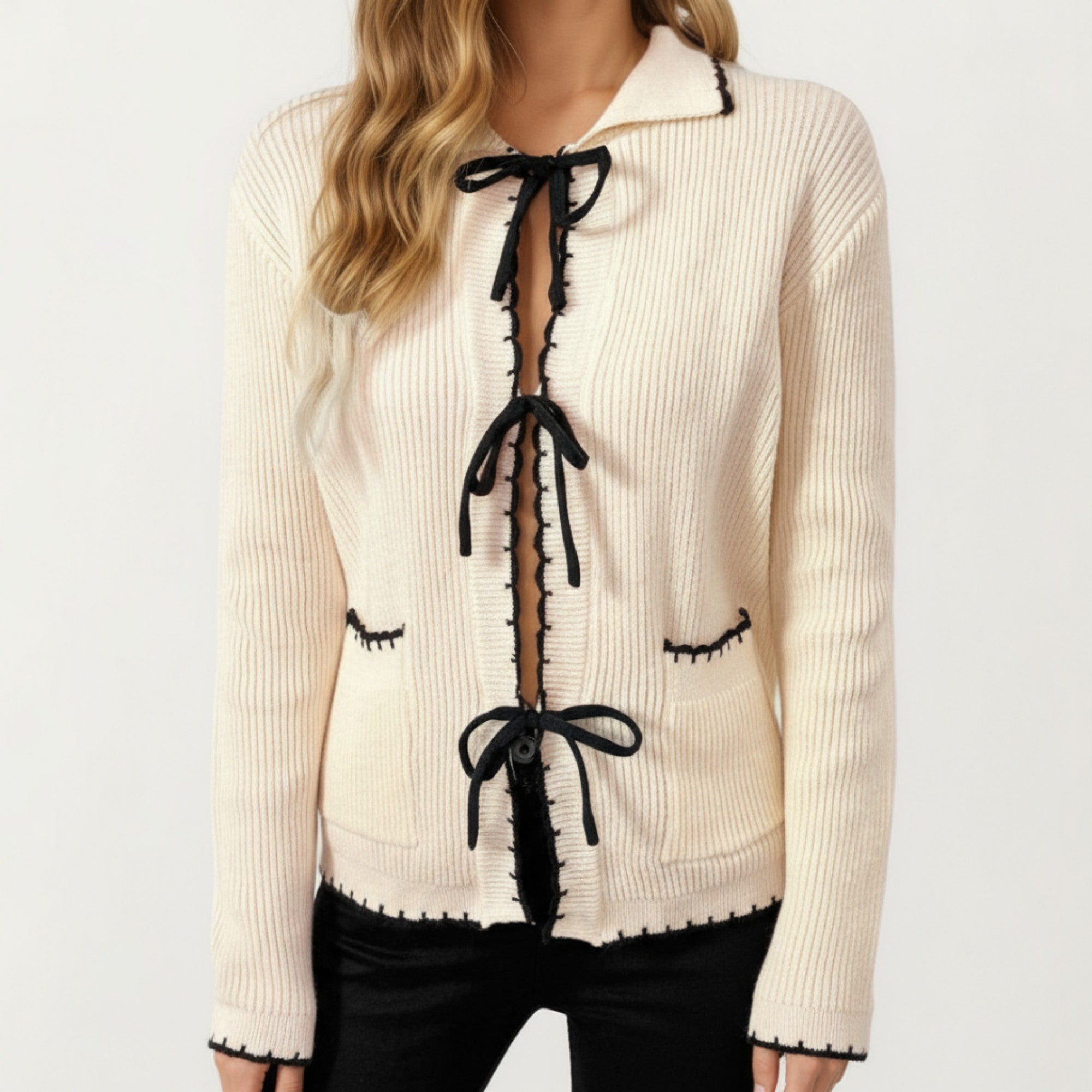 Anna-Kaci Women's Long Sleeve Rib Knit Cardigan with Contrast Trim and Front Bow Tie Closures