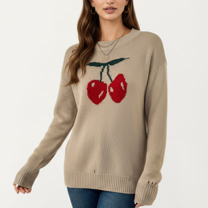 Anna-Kaci Women's Long Sleeve Knit Pullover Sweater with Cherry Graphic Design and Relaxed Fit