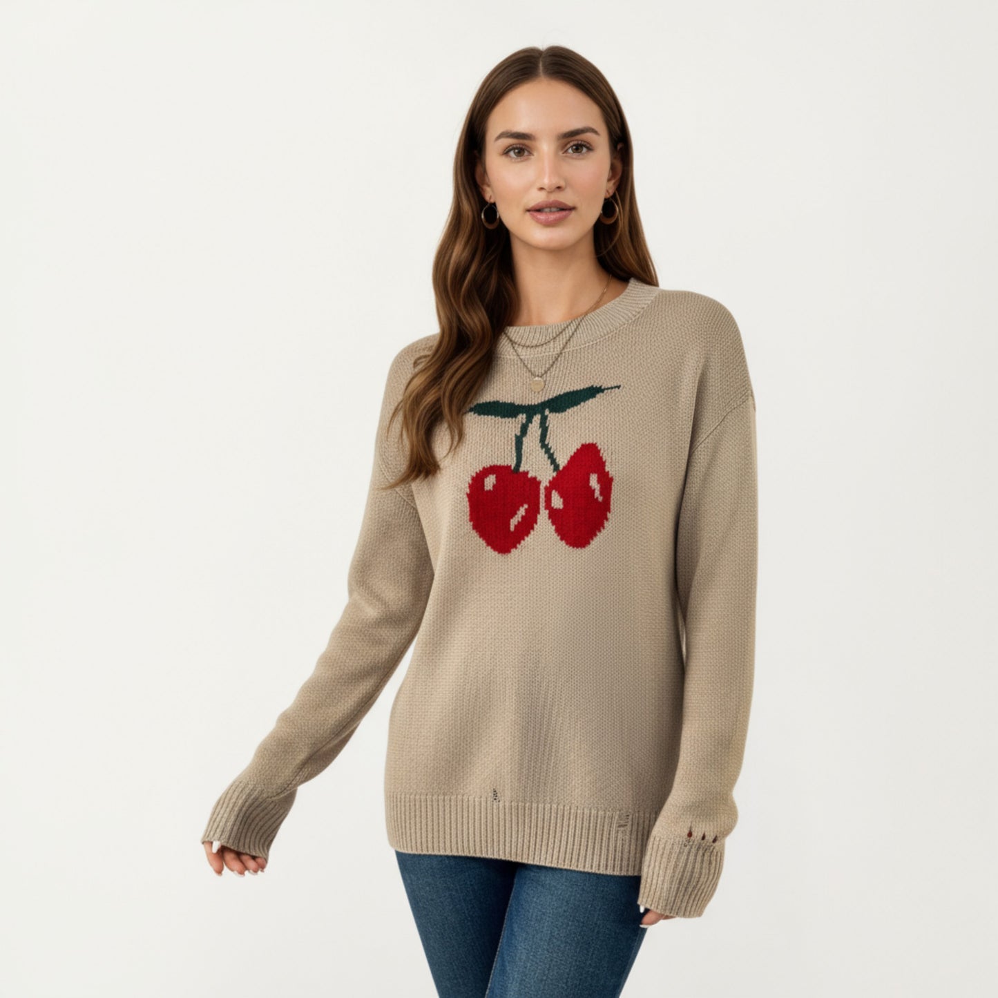 Anna-Kaci Women's Long Sleeve Knit Pullover Sweater with Cherry Graphic Design and Relaxed Fit
