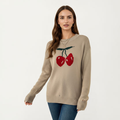 Anna-Kaci Women's Long Sleeve Knit Pullover Sweater with Cherry Graphic Design and Relaxed Fit