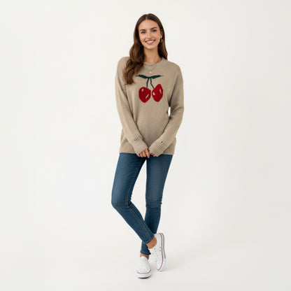 Anna-Kaci Women's Long Sleeve Knit Pullover Sweater with Cherry Graphic Design and Relaxed Fit