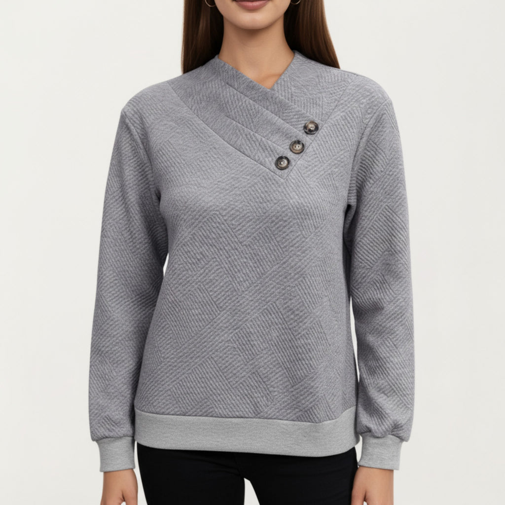 Anna-Kaci Women's Long Sleeve Textured Knit Pullover Top with Asymmetrical Button Detail and Ribbed Hem