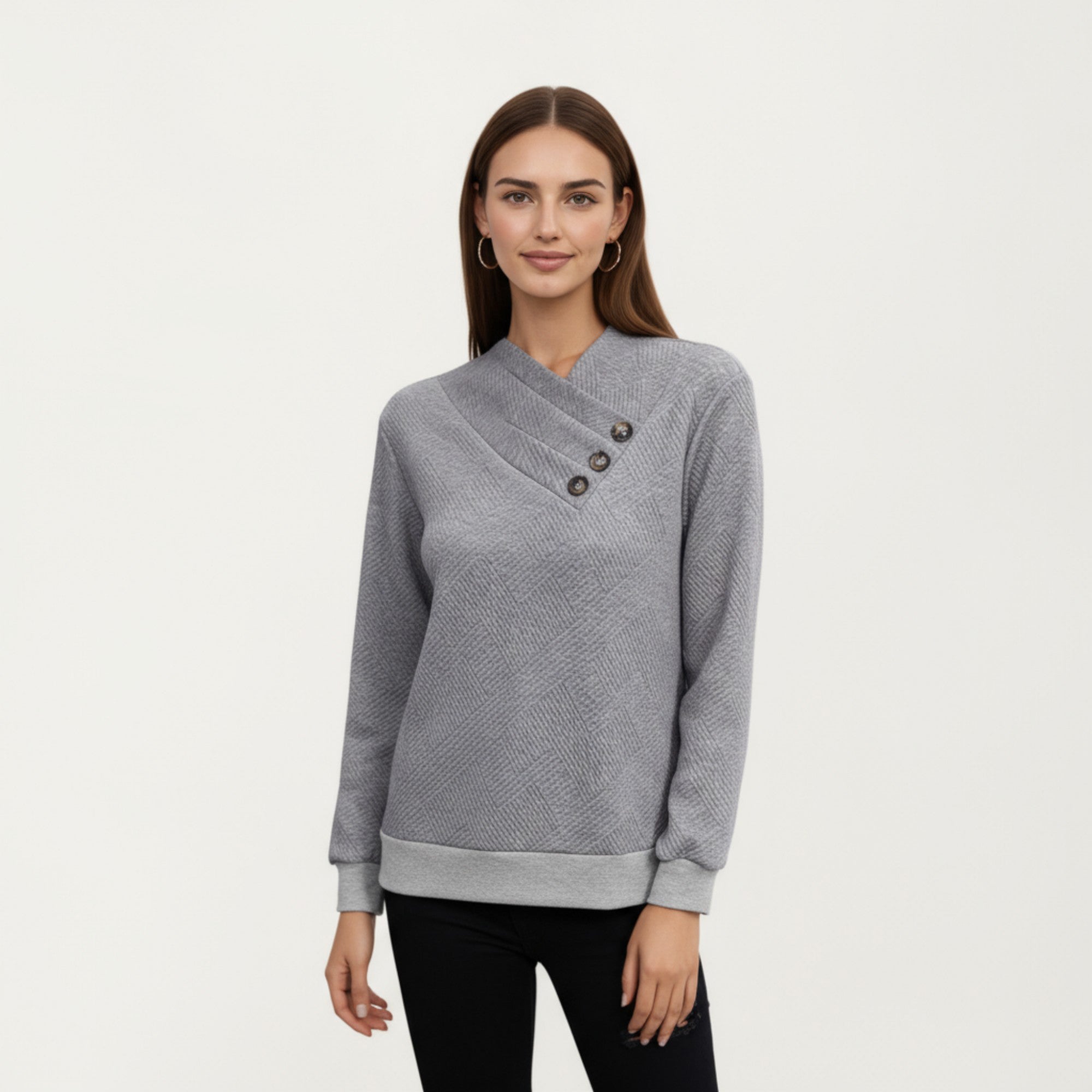 Anna-Kaci Women's Long Sleeve Textured Knit Pullover Top with Asymmetrical Button Detail and Ribbed Hem