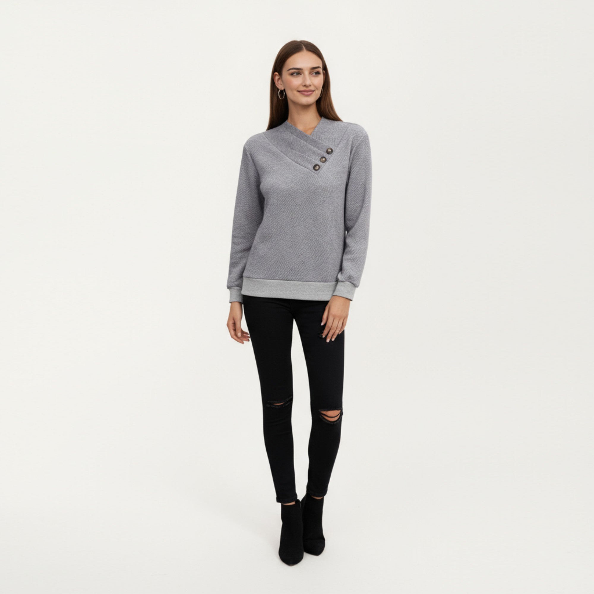 Anna-Kaci Women's Long Sleeve Textured Knit Pullover Top with Asymmetrical Button Detail and Ribbed Hem
