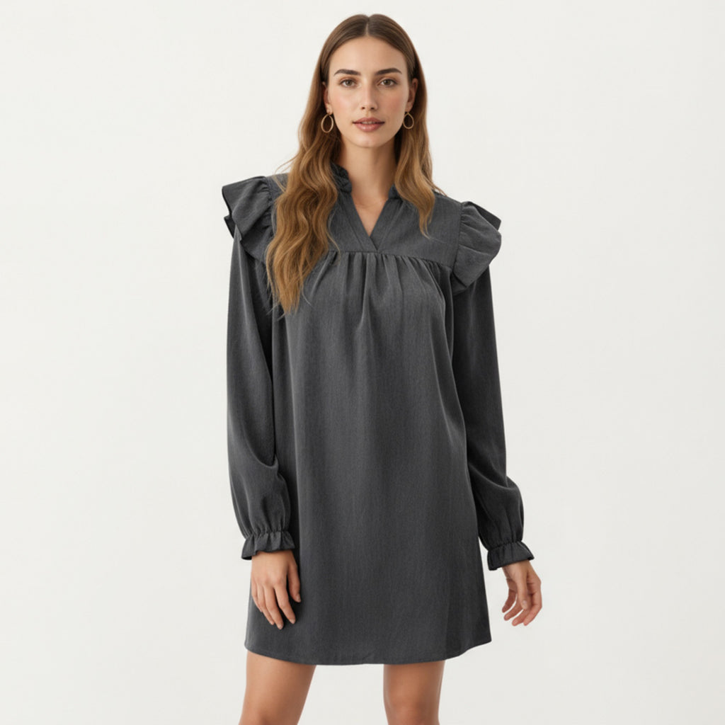 Anna-Kaci Women's Long Sleeve Ruffle Shoulder Mini Dress with V-Neckline and Relaxed Fit