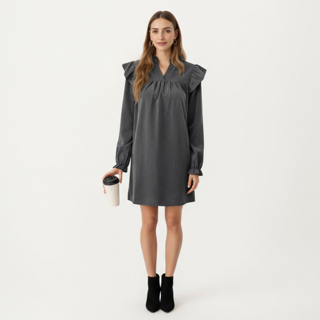 Anna-Kaci Women's Long Sleeve Ruffle Shoulder Mini Dress with V-Neckline and Relaxed Fit