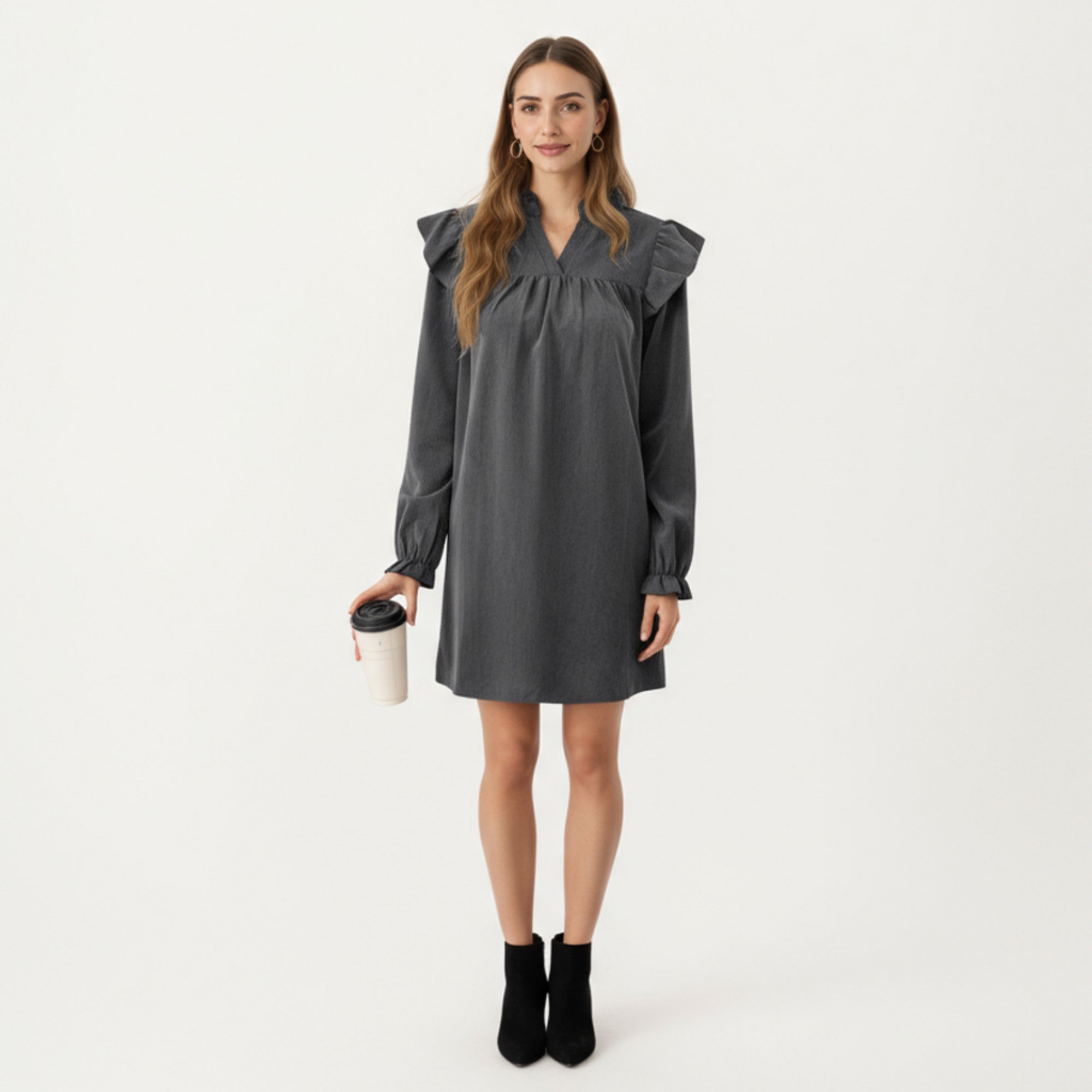 Anna-Kaci Women's Long Sleeve Ruffle Shoulder Mini Dress with V-Neckline and Relaxed Fit