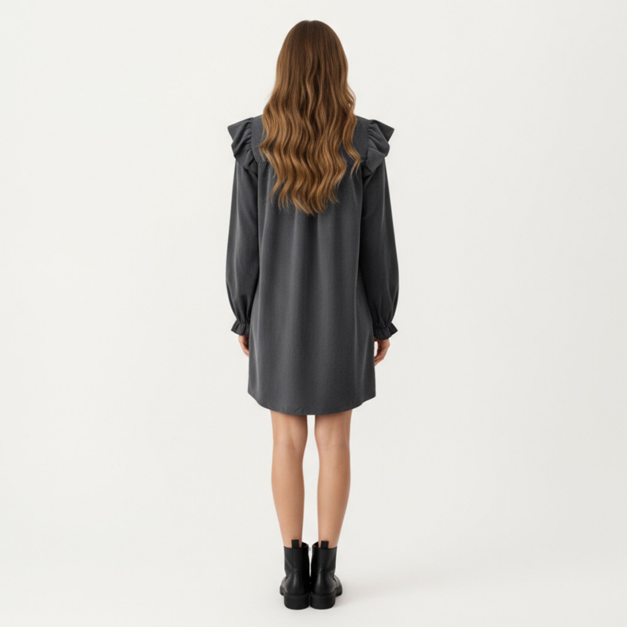 Anna-Kaci Women's Long Sleeve Ruffle Shoulder Mini Dress with V-Neckline and Relaxed Fit