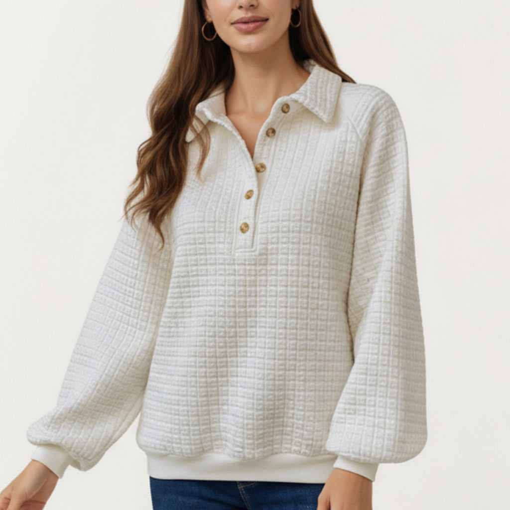 Anna-Kaci Women's Long Sleeve Waffle Knit Pullover Top with Button Placket and Collared Neckline