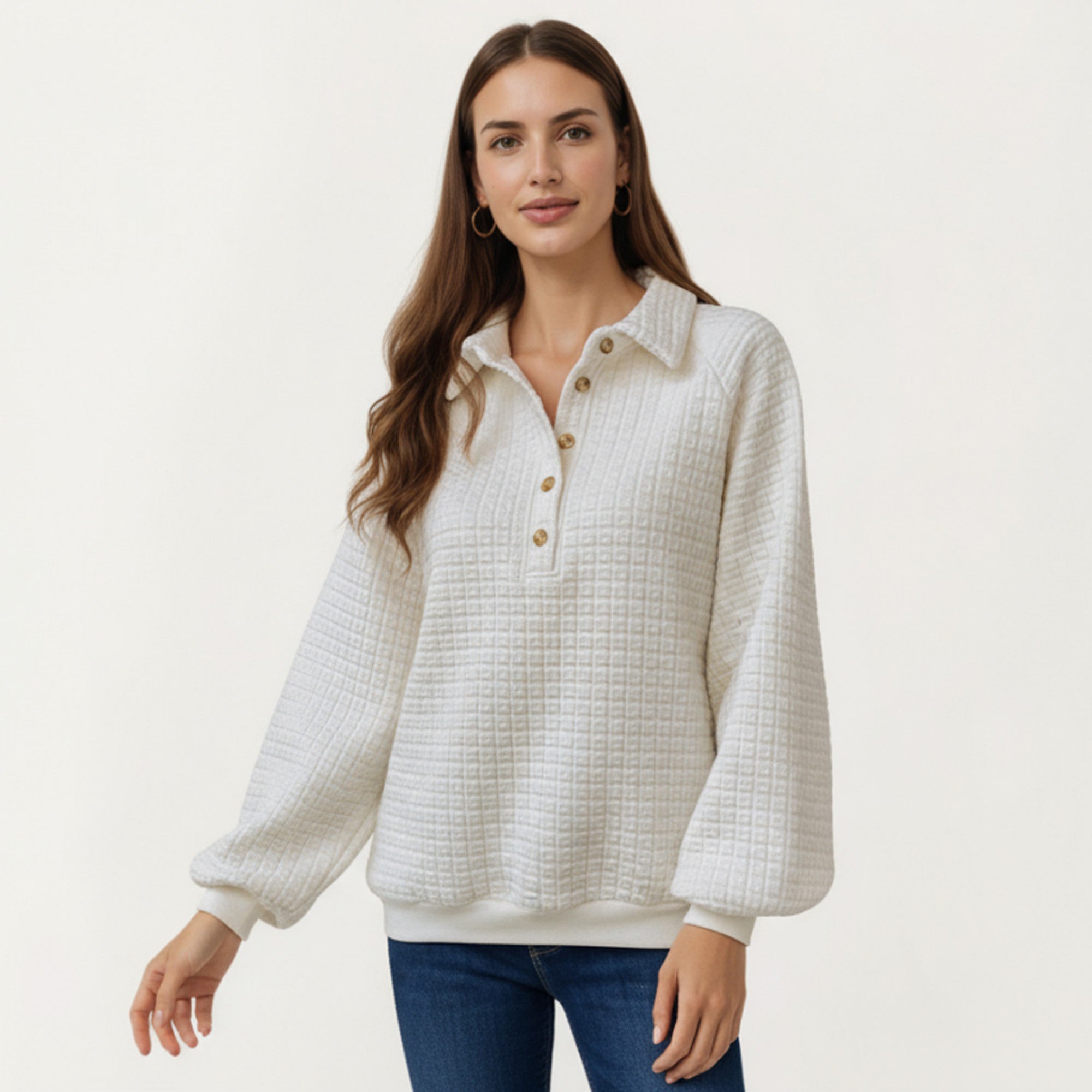 Anna-Kaci Women's Long Sleeve Waffle Knit Pullover Top with Button Placket and Collared Neckline