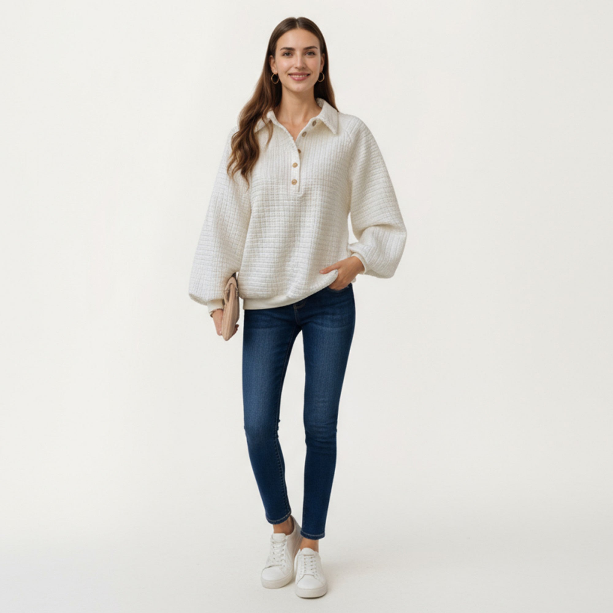 Anna-Kaci Women's Long Sleeve Waffle Knit Pullover Top with Button Placket and Collared Neckline