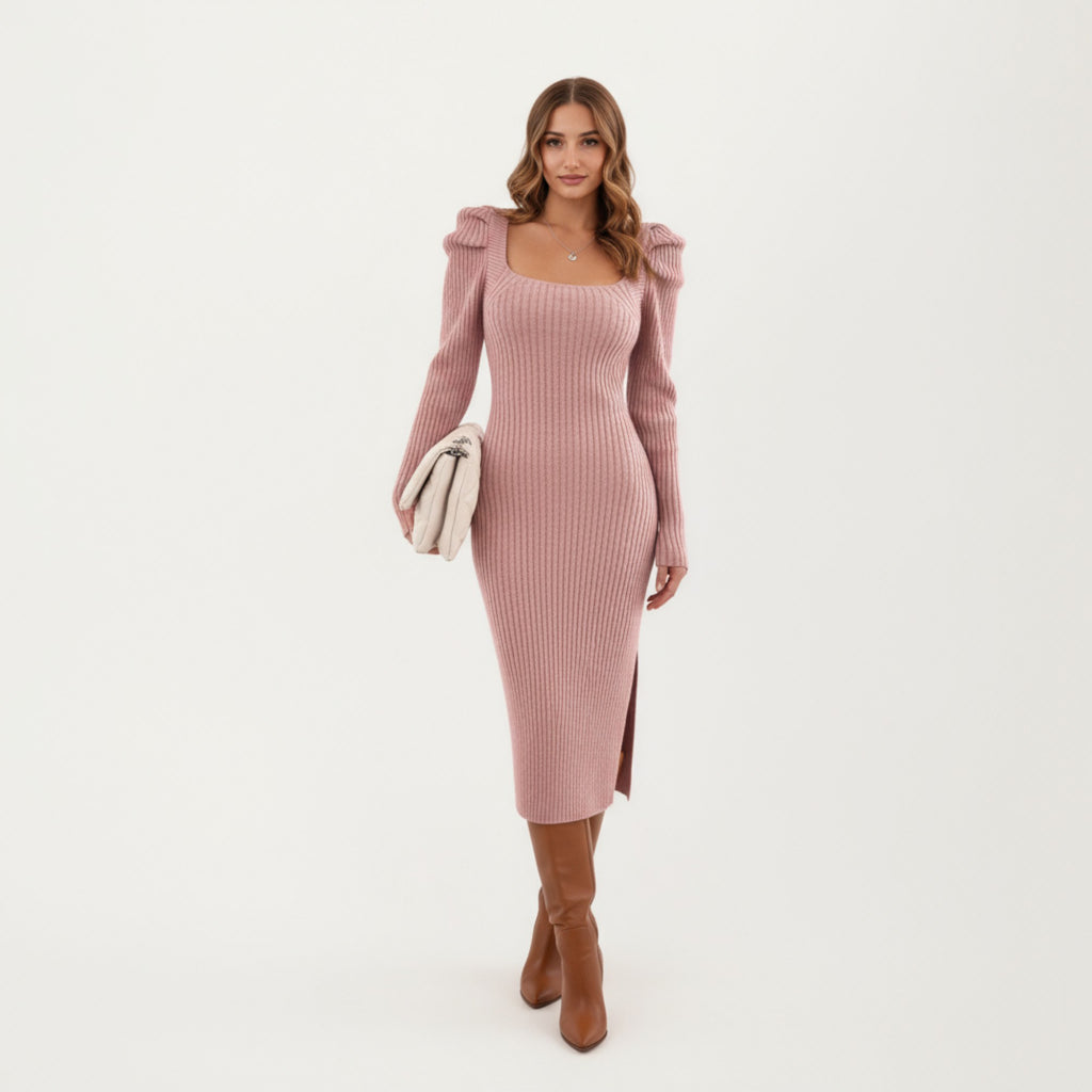 Anna-Kaci Women's Long Sleeve Ribbed Knit Midi Dress with Square Neckline and Shoulder Ruffle Detail