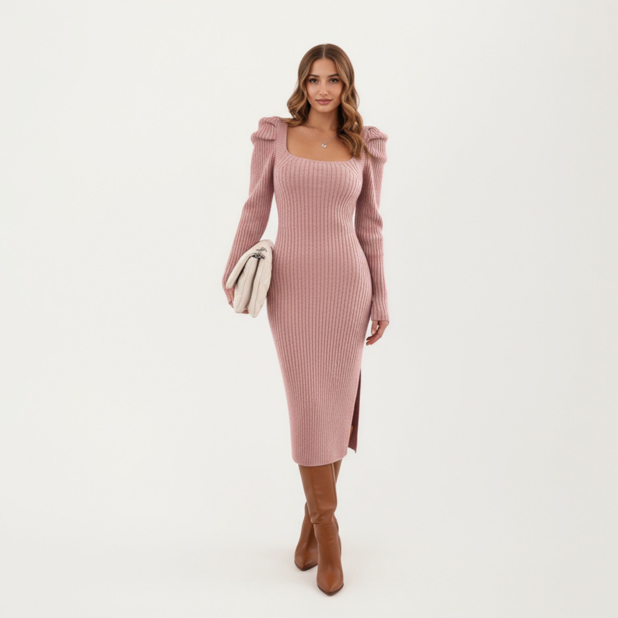 Anna-Kaci Women's Long Sleeve Ribbed Knit Midi Dress with Square Neckline and Shoulder Ruffle Detail