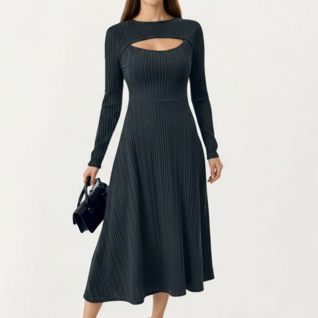 Anna-Kaci Women's Long Sleeve Ribbed Knit Midi Dress with Front Cutout and Flared Hem