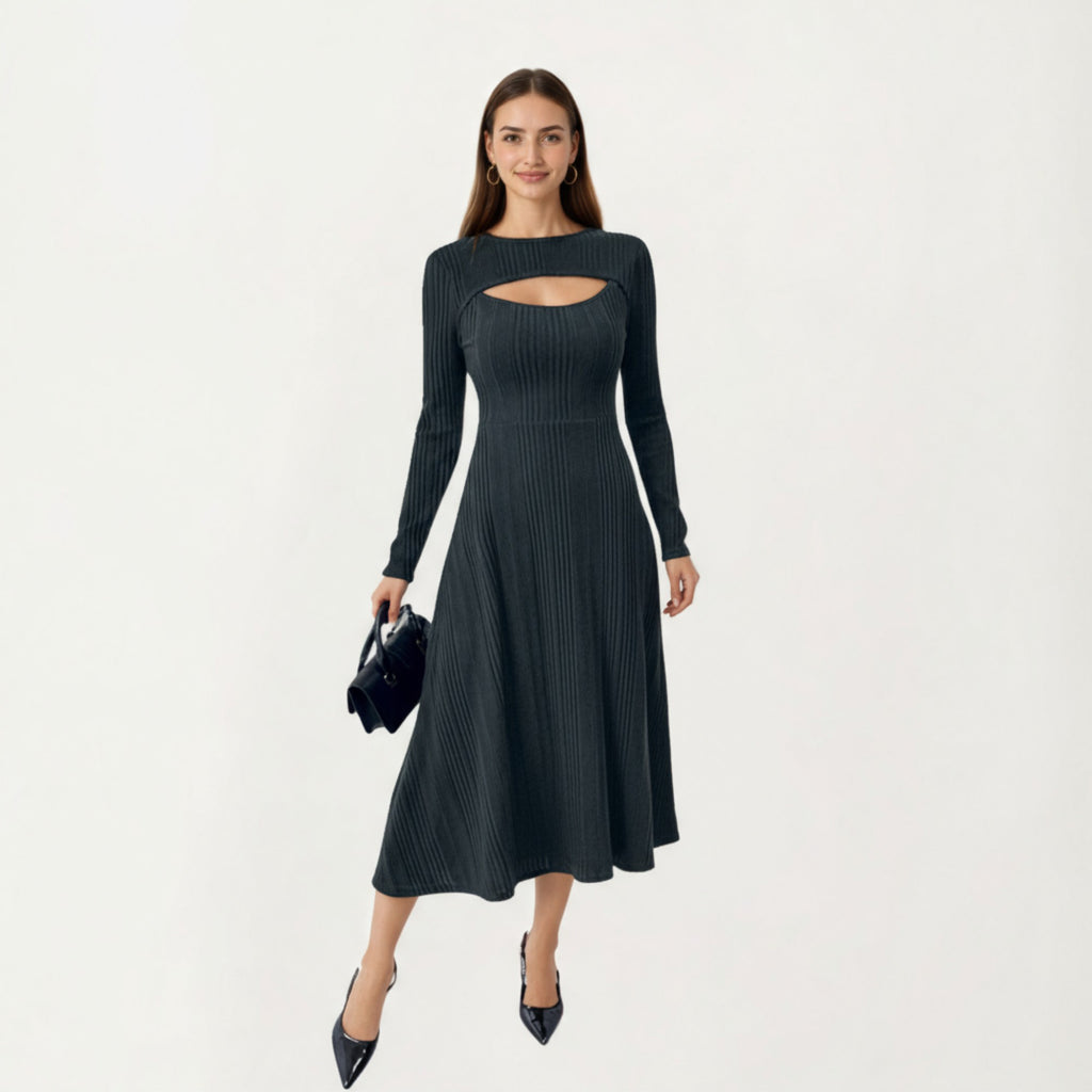 Anna-Kaci Women's Long Sleeve Ribbed Knit Midi Dress with Front Cutout and Flared Hem