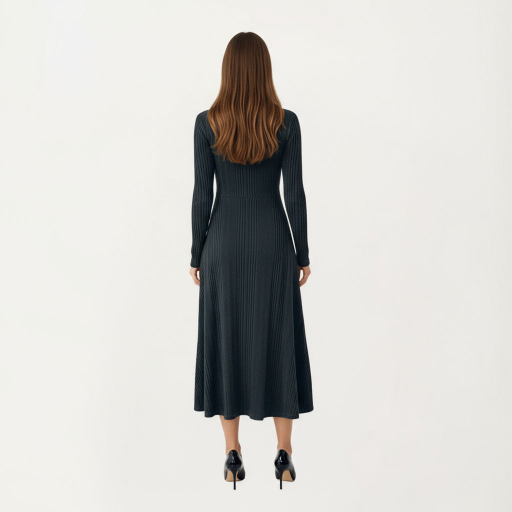 Anna-Kaci Women's Long Sleeve Ribbed Knit Midi Dress with Front Cutout and Flared Hem