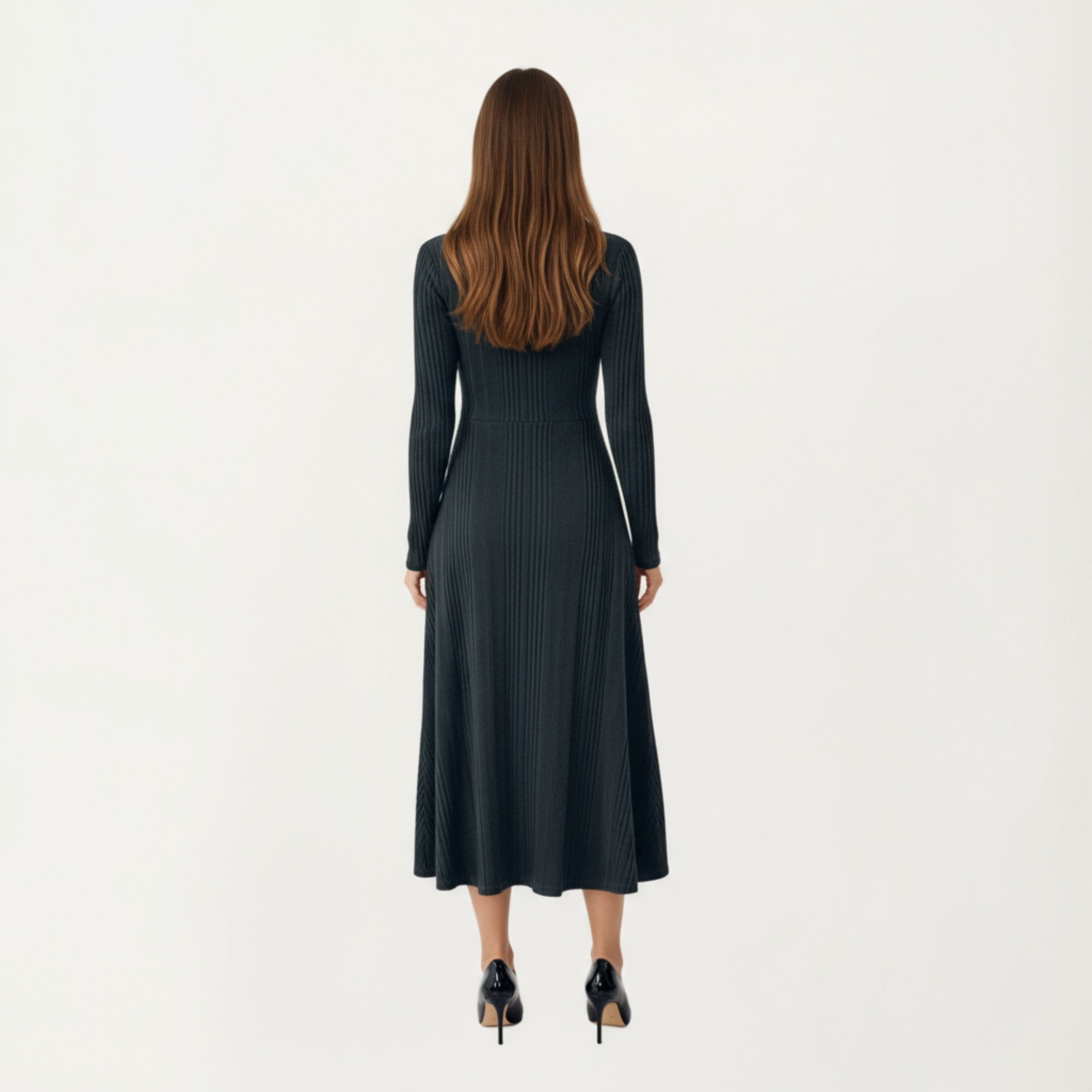 Anna-Kaci Women's Long Sleeve Ribbed Knit Midi Dress with Front Cutout and Flared Hem
