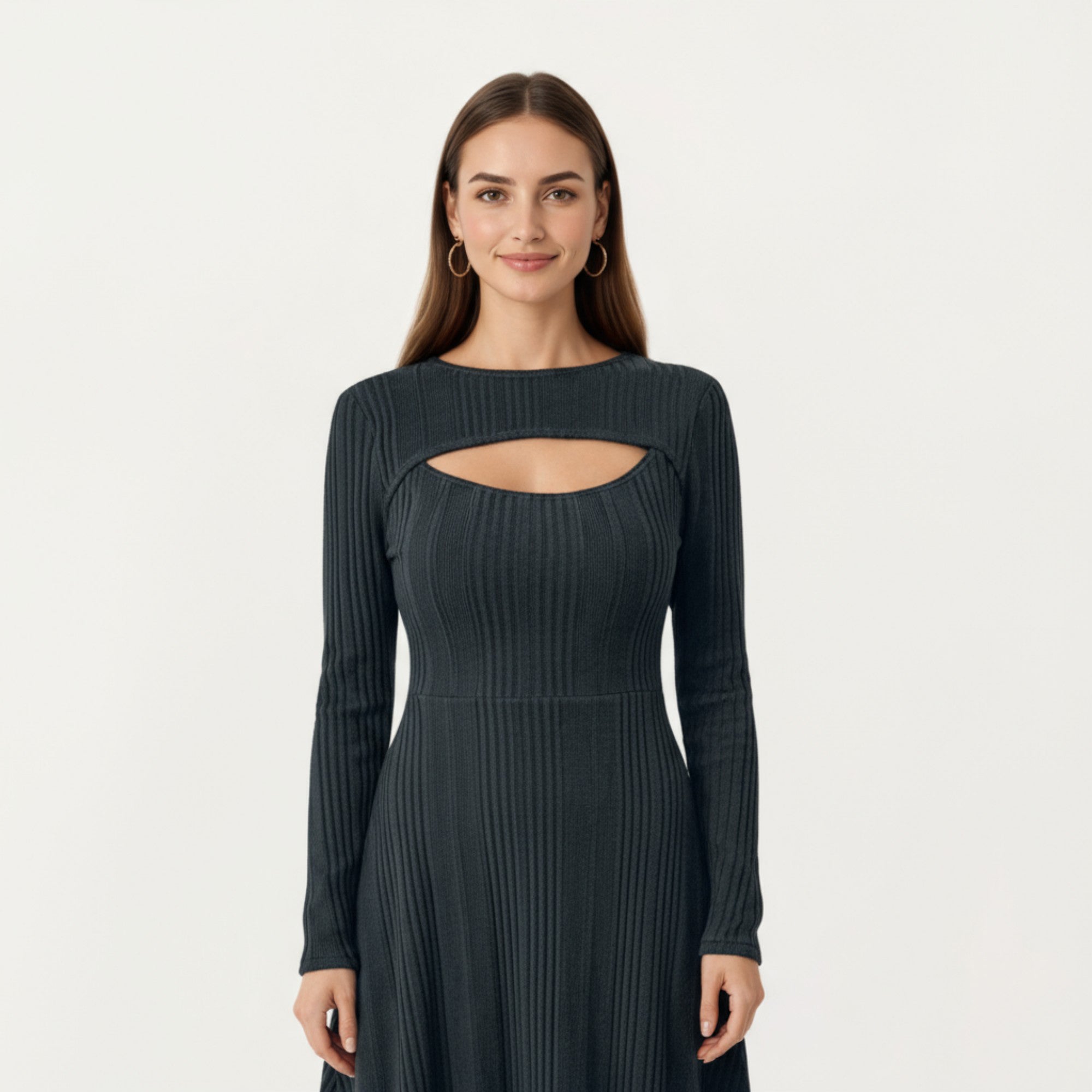 Anna-Kaci Women's Long Sleeve Ribbed Knit Midi Dress with Front Cutout and Flared Hem