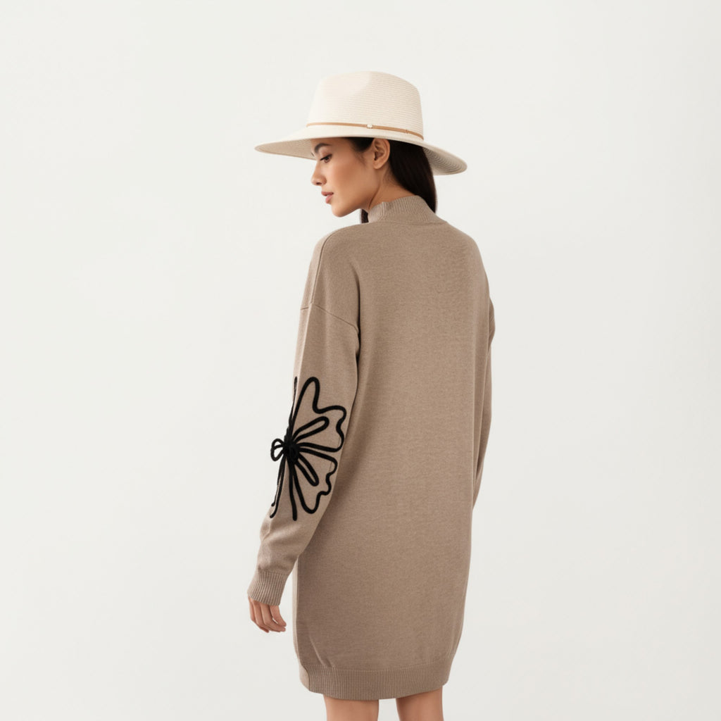 Anna-Kaci Women's Long Sleeve Turtleneck Sweater Dress with Abstract Floral Appliqu¨¦ Design