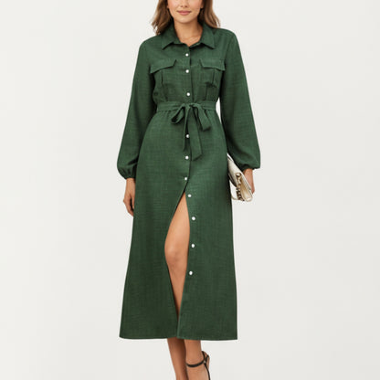 Anna-Kaci Women's Long Sleeve Button-Down Midi Shirt Dress with Waist Tie and Front Slit