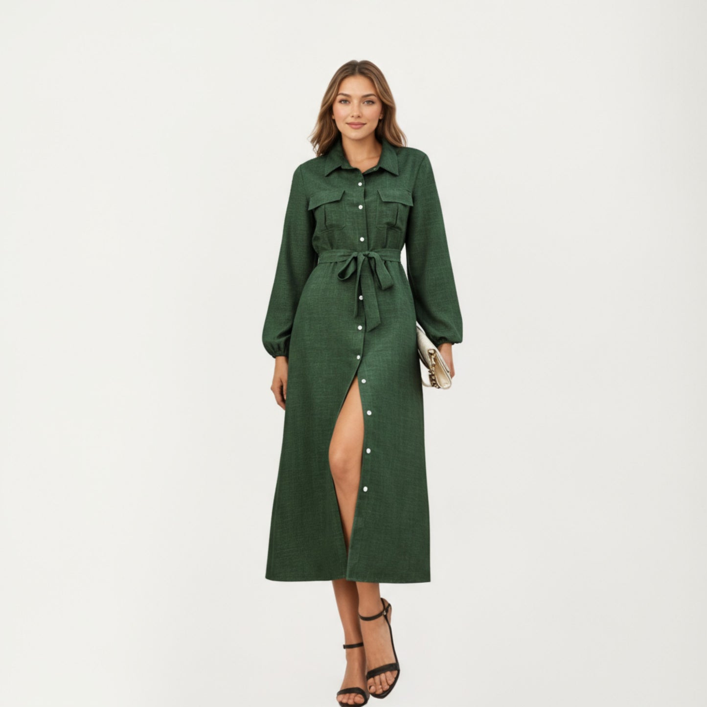 Anna-Kaci Women's Long Sleeve Button-Down Midi Shirt Dress with Waist Tie and Front Slit