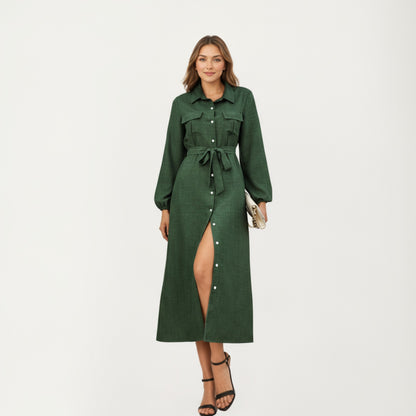 Anna-Kaci Women's Long Sleeve Button-Down Midi Shirt Dress with Waist Tie and Front Slit