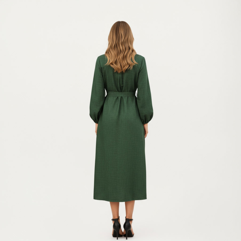 Anna-Kaci Women's Long Sleeve Button-Down Midi Shirt Dress with Waist Tie and Front Slit