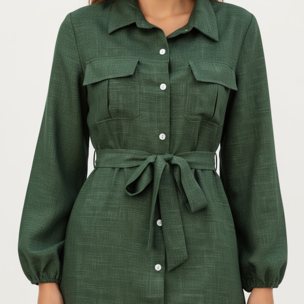 Anna-Kaci Women's Long Sleeve Button-Down Midi Shirt Dress with Waist Tie and Front Slit