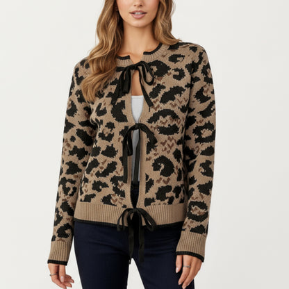 Anna-Kaci Women's Leopard Print Knit Cardigan with Front Tie Closures and Ribbed Trim