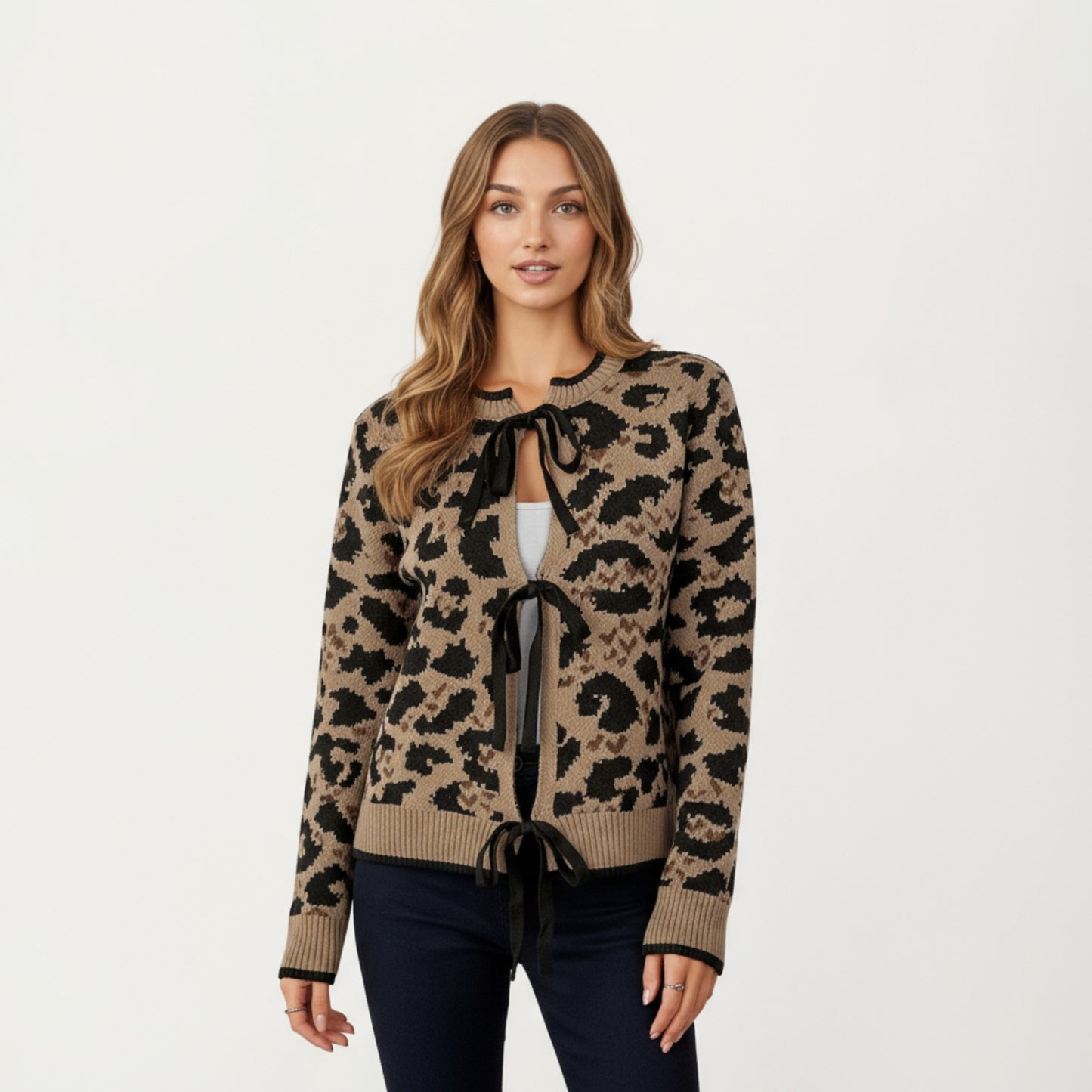 Anna-Kaci Women's Leopard Print Knit Cardigan with Front Tie Closures and Ribbed Trim
