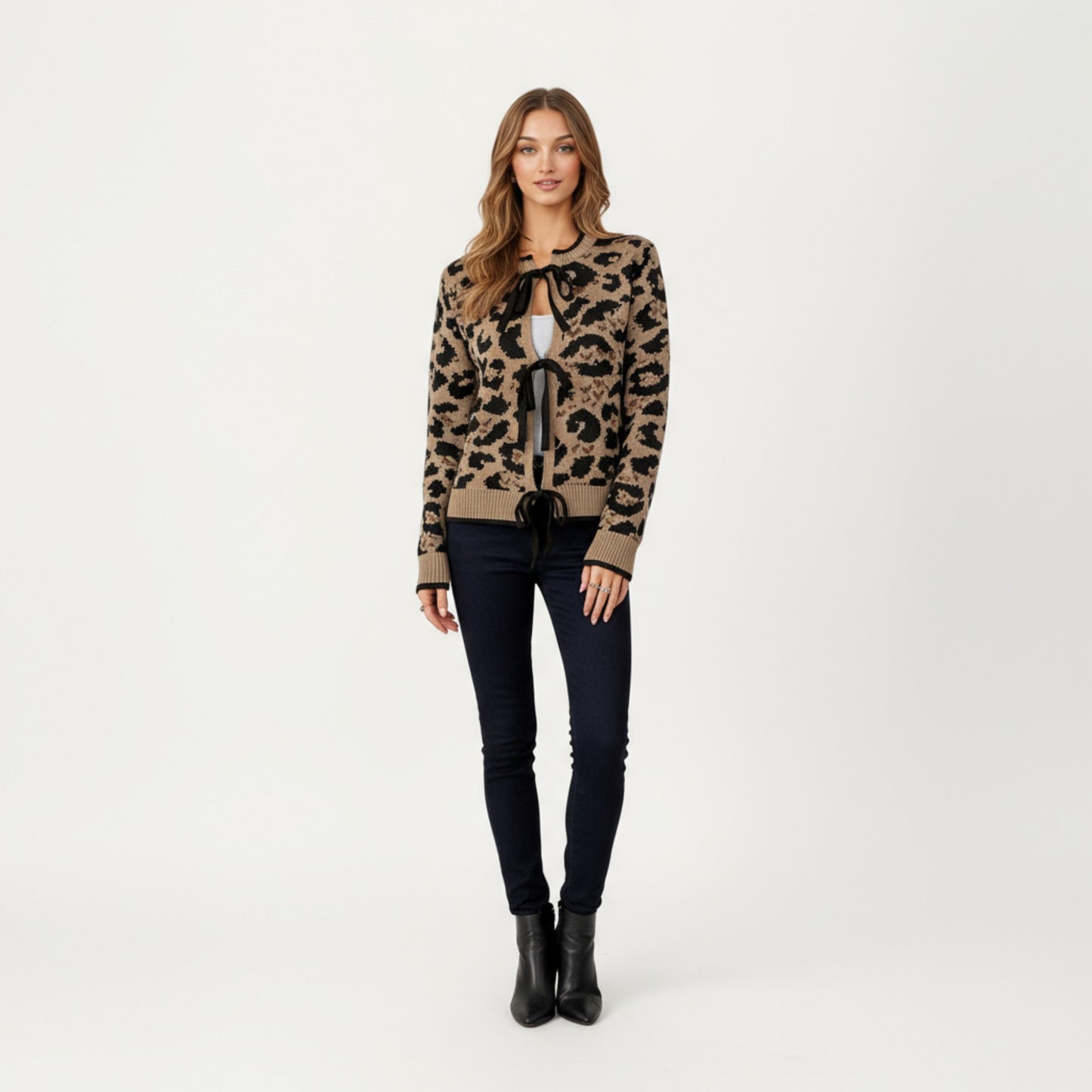 Anna-Kaci Women's Leopard Print Knit Cardigan with Front Tie Closures and Ribbed Trim