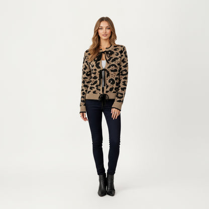 Anna-Kaci Women's Leopard Print Knit Cardigan with Front Tie Closures and Ribbed Trim