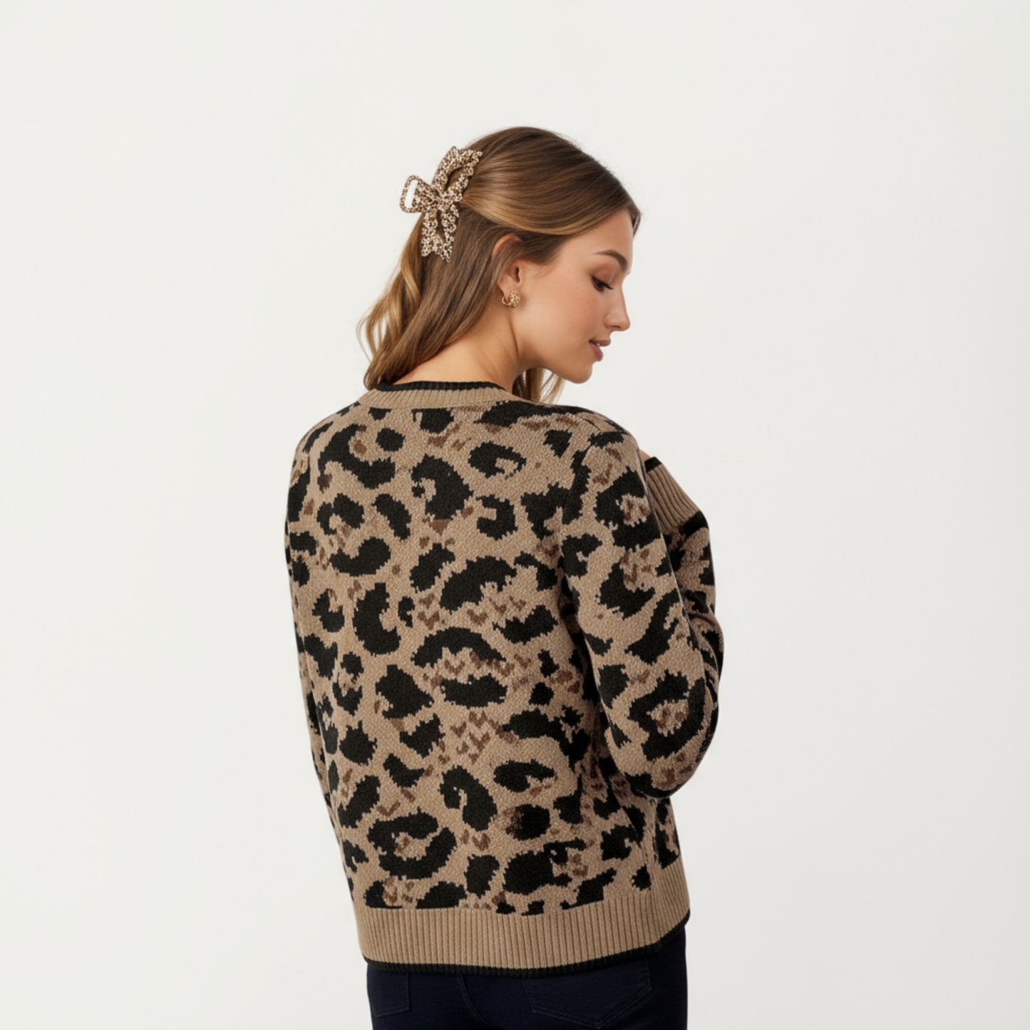 Anna-Kaci Women's Leopard Print Knit Cardigan with Front Tie Closures and Ribbed Trim