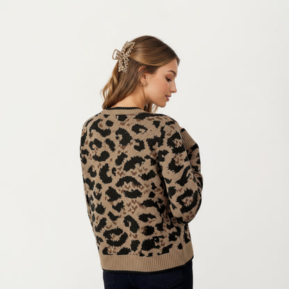 Anna-Kaci Women's Leopard Print Knit Cardigan with Front Tie Closures and Ribbed Trim