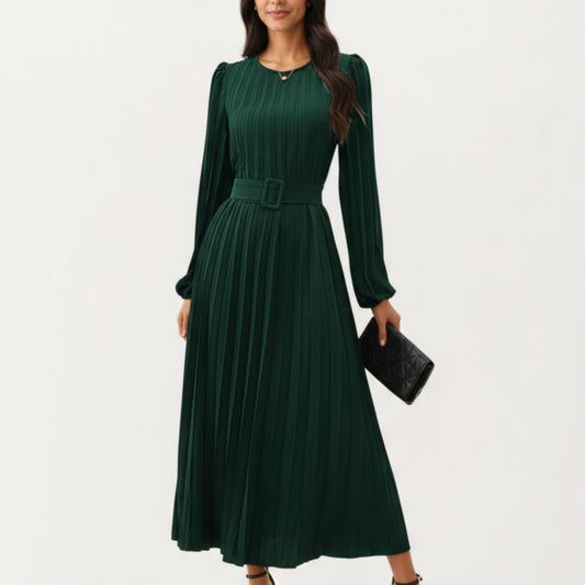 Anna-Kaci Women's Long Sleeve Pleated Midi Dress with Belted Waist and Crew Neck