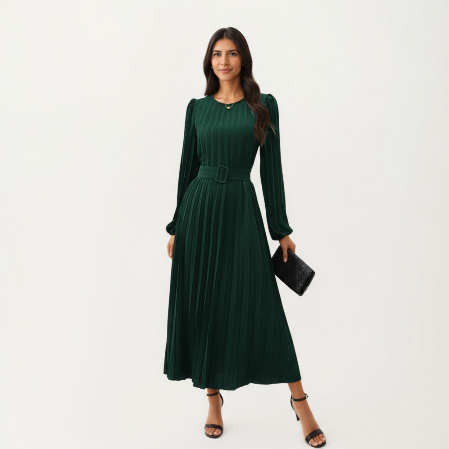 Anna-Kaci Women's Long Sleeve Pleated Midi Dress with Belted Waist and Crew Neck
