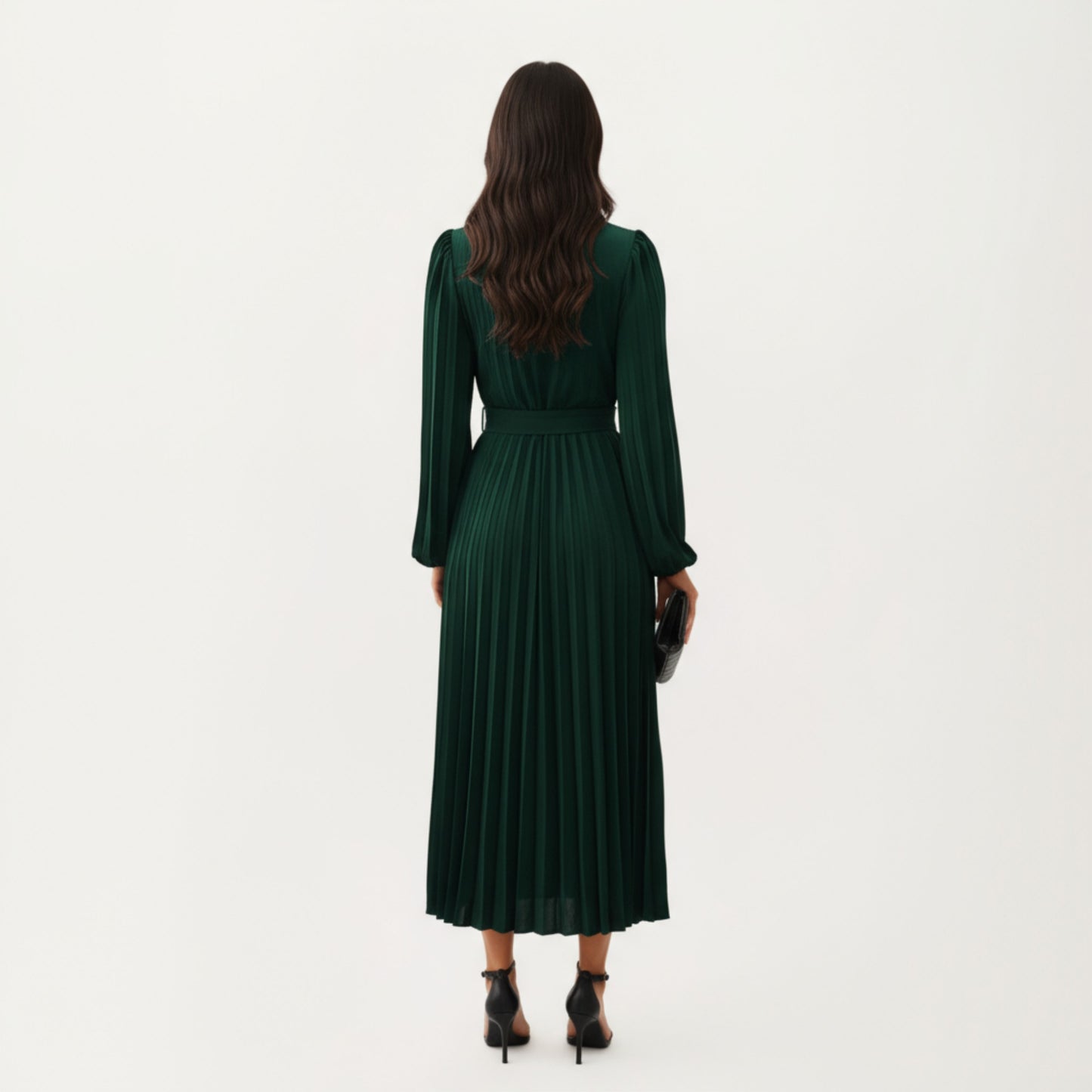 Anna-Kaci Women's Long Sleeve Pleated Midi Dress with Belted Waist and Crew Neck
