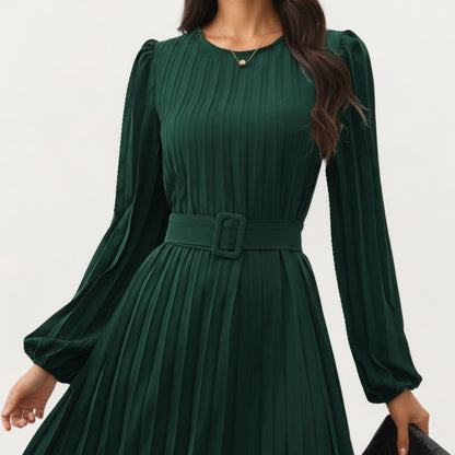 Anna-Kaci Women's Long Sleeve Pleated Midi Dress with Belted Waist and Crew Neck