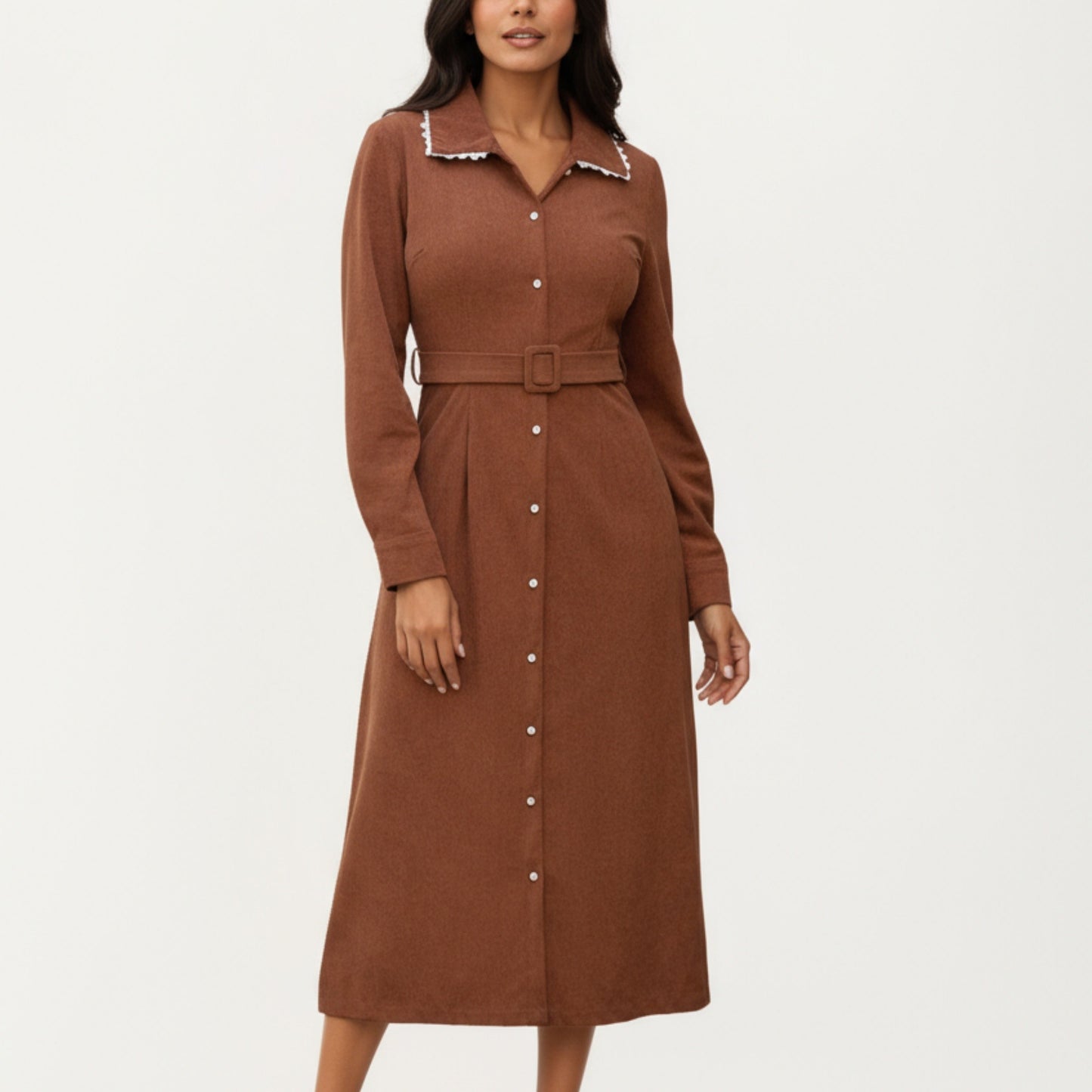 Anna-Kaci Women's Long Sleeve Button-Down Midi Dress with Belted Waist and Contrast Trim Collar