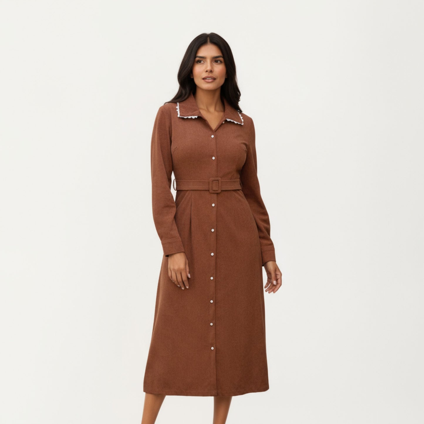 Anna-Kaci Women's Long Sleeve Button-Down Midi Dress with Belted Waist and Contrast Trim Collar