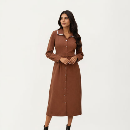 Anna-Kaci Women's Long Sleeve Button-Down Midi Dress with Belted Waist and Contrast Trim Collar