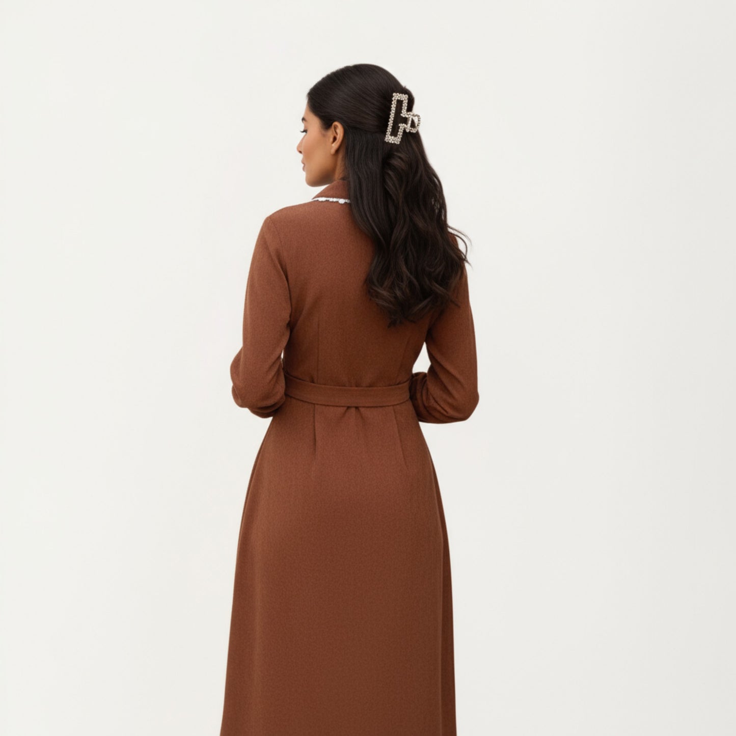 Anna-Kaci Women's Long Sleeve Button-Down Midi Dress with Belted Waist and Contrast Trim Collar